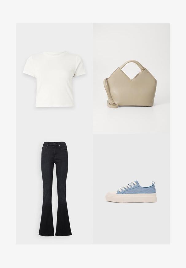 T-shirt blanc court en coton avec des manches courtes, un col rond et un ourlet droit, présentant une texture lisse et un design minimal.; Jeans évasés noirs en denim, dotés d'un design classique à cinq poches, d'une fermeture à bouton et de détails de couture subtils.; Baskets en toile bleu clair avec une coque en caoutchouc crème et une semelle extérieure, dotées de lacets blancs et d'une languette au talon.; Sac à main structuré beige avec un dessus en V, en cuir lisse, muni de poignées courtes et d'une longue bandoulière réglable. Design minimaliste.