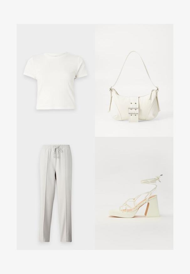 Tricou scurt, alb, din bumbac, cu mâneci scurte, decolteu rotund și margine dreaptă, având o textură netedă și un design minim.; Pantaloni jogger gri deschis cu talie elastică, șnur și cusături laterale. Confecționați dintr-un material neted pentru un fit relaxat.; Sandale albe cu toc înalt și gros, cu un design cu curele și legătură la gleznă. Textură netedă, cu o platformă frontală pentru înălțime suplimentară.; Geantă albă de umăr cu un finisaj texturat, un accent cu cataramă centrală și o formă curbată. Încărcătoare cu fermoar pe ambele laturi.
