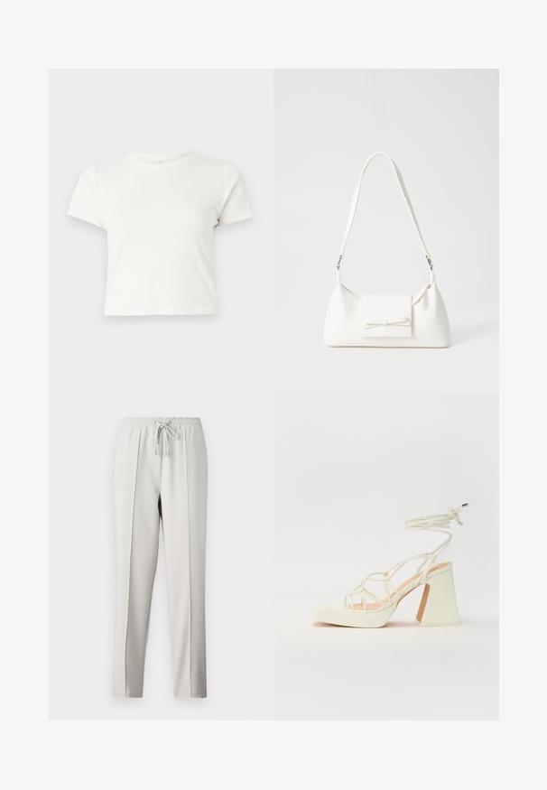Tricou scurt, alb, din bumbac, cu mâneci scurte, decolteu rotund și margine dreaptă, având o textură netedă și un design minim.; Pantaloni jogger gri deschis cu talie elastică, șnur și cusături laterale. Confecționați dintr-un material neted pentru un fit relaxat.; Sandale albe cu toc înalt și gros, cu un design cu curele și legătură la gleznă. Textură netedă, cu o platformă frontală pentru înălțime suplimentară.; Geantă sintetică albă, cu formă triangulară, capac frontal plat și detaliu cu fundă, curea ajustabilă, textură netedă și design minimalist.