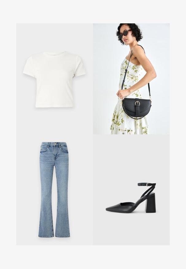 T-shirt branca curta feita de algodão, com mangas curtas, um decote redondo e uma bainha reta, apresentando uma textura suave e um design minimalista.; Jeans de ganga de tom azul claro, com alta cintura, fecho frontal por botão e zip, cinco bolsos e pernas ligeiramente largas.; Sandal com biqueira afilada em couro preto, com cinta no tornozelo e salto grosso. Textura lisa, design elegante e estética minimalista.; Bolsa de couro preta com forma curva, alça destacável e detalhes em dourado. A bolsa possui uma aba com detalhe de fivela.