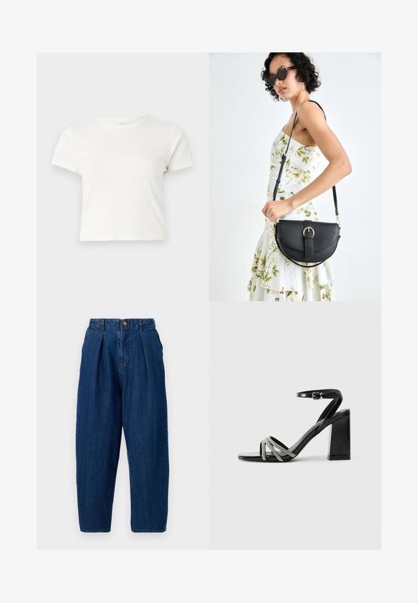 Short white t-shirt made of cotton with short sleeves, a round neckline, and a straight hem, featuring a smooth texture and minimal design.; Dark blue denim trousers with a relaxed fit, featuring pleats at the front, a button closure, and tapered legs.; Black high-heeled sandal with a block heel, featuring a strap with metallic accents and three crossed bands on the toe.; Black leather handbag with a curved shape, detachable strap, and gold hardware. The bag features a flap with a buckle detail.