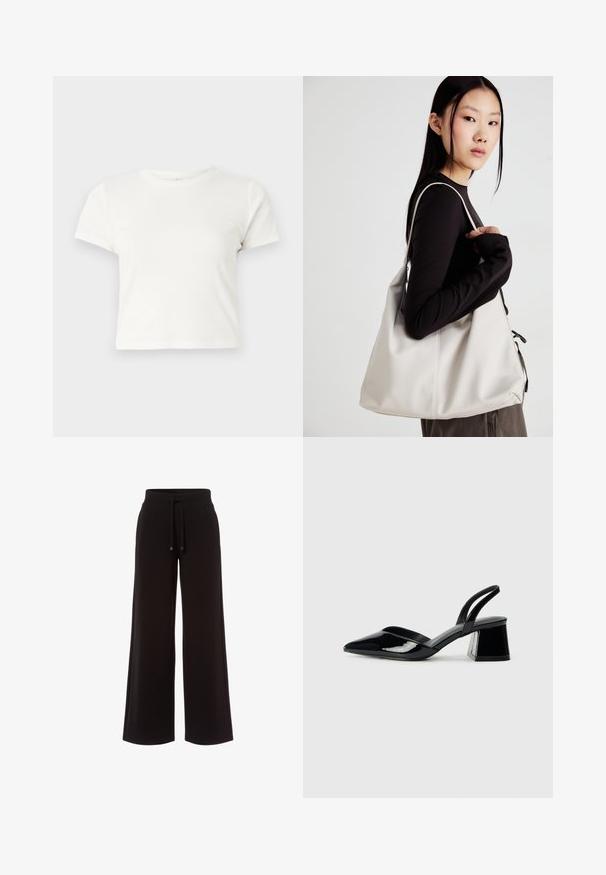 Krátká bílá tričko vyrobené z bavlny s krátkými rukávy, kulatým výstřihem a rovým lemem, s hladkou texturou a minimalistickým designem.; Černé kalhoty s širokým střihem vyrobené z měkké tkaniny. Mají elastický pas se šňůrkou pro nastavitelnou velikost. Hladký povrch, bez vzorů.; Černé lakované kožené lodičky na pásku s špičatou špičkou a geometrickým blokovým podpatkem. Vyznačují se elegantním, minimalistickým designem a hladkým povrchem.; Beige kabelka vyrobená z měkkého materiálu, s volným designem, prošívanými detaily a dvěma ramenními popruhy. Vhodná pro každodenní použití.