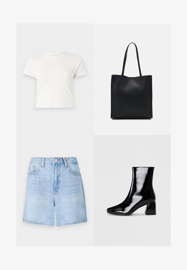 Lühike valge T-särk, mis on valmistatud puuvillast, lühikeste varrukatega, ümmarguse kaelusega ja sirge lõikega, omades sileda tekstuuri ja minimaalset disaini.; Heledad sinine teksapüksid, millel on mugav lõige, sädelevate detailide ja klassikalise viie-tasku disainiga. Põhi on toores ja veidi kulunud.; Must must jalanõud, millel on terava nina ja ruudukujuline plokk konts. Sile tekstuur kõrgläikega viimistlusega, ilma nähtavate kaunistusteta.; Mustast nahast kott sujuva tekstuuriga, ristkülikukujuline ja kahe pika sangaga. Pole nähtavat riistvara ega kaunistusi.