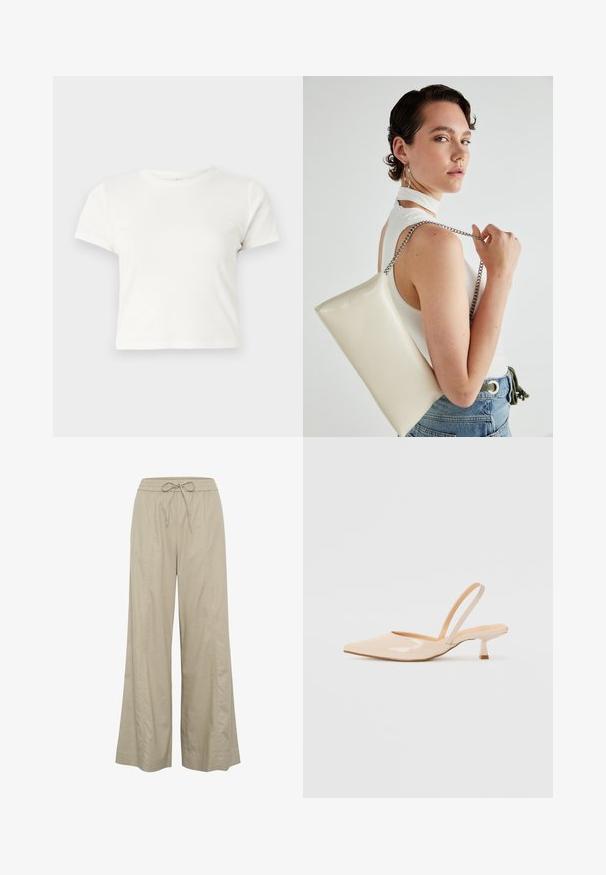 T-shirt blanc court en coton avec des manches courtes, un col rond et un ourlet droit, présentant une texture lisse et un design minimal.; Pantalons beige à jambes larges en tissu léger, dotés d'une taille élastique avec cordon de serrage et de poches latérales. Texture lisse, design minimaliste.; Escarpins slingback en cuir verni beige avec un bout pointu et un talon carré fin. Texture lisse et design minimaliste sans ornement.; Pochette rectangulaire blanche en matériau brillant, avec une bandoulière en chaîne argentée. Le modèle pose en mettant en valeur le sac contre un fond uni.
