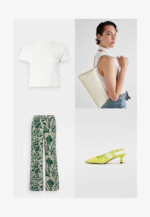 Lühike valge T-särk, mis on valmistatud puuvillast, lühikeste varrukatega, ümmarguse kaelusega ja sirge lõikega, omades sileda tekstuuri ja minimaalset disaini.; Laiad püksid, millel on roheline ja beež lehemuster, valmistatud kerge materjaliga, millel on mugav elastne vöökoht.; Kollane slingback king, millel on terav nina, läikiv pind, lõikega küljesuunaline disain ja lühike, paks konts.; Valge ristkülikuline kotti, mis on valmistatud läikivast materjalist, hõbedase ahelsangaga. Mudel poseerib, tutvustades kotti ühtlase taustaga.