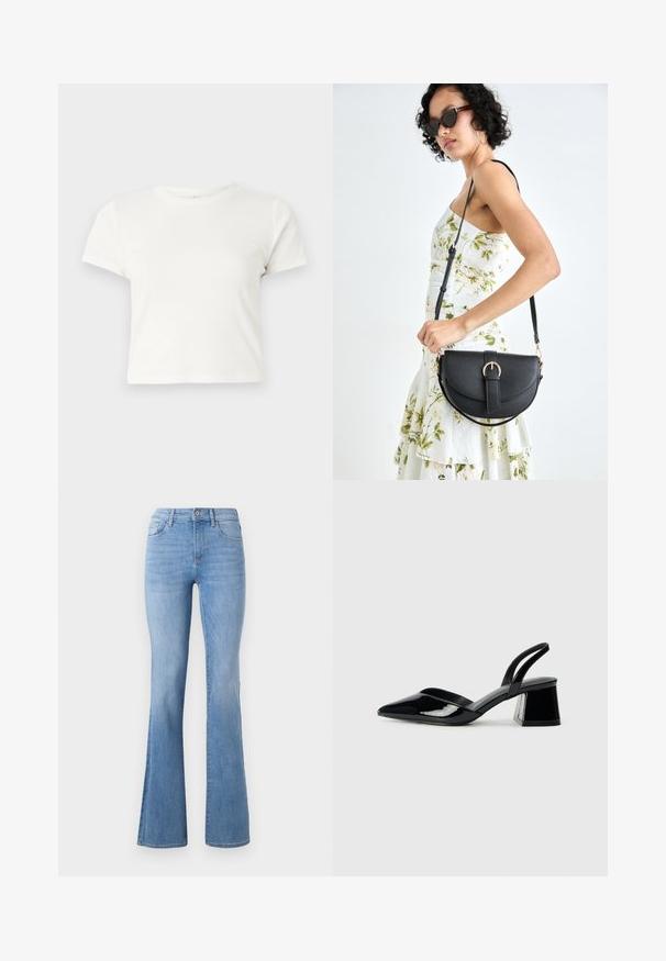 T-shirt blanc court en coton avec des manches courtes, un col rond et un ourlet droit, présentant une texture lisse et un design minimal.; Jeans évasés bleu clair avec une taille mi-haute, un design classique à cinq poches et une légère décoloration le long des jambes. Texture en denim.; Escarpins en cuir verni noir avec bout pointu et talon bloc géométrique. Présente un design élégant et minimaliste ainsi qu'une texture lisse.; Sac à main en cuir noir avec une forme courbée, bandoulière amovible et des accessoires en or. Le sac est doté d'un rabat avec un détail de boucle.