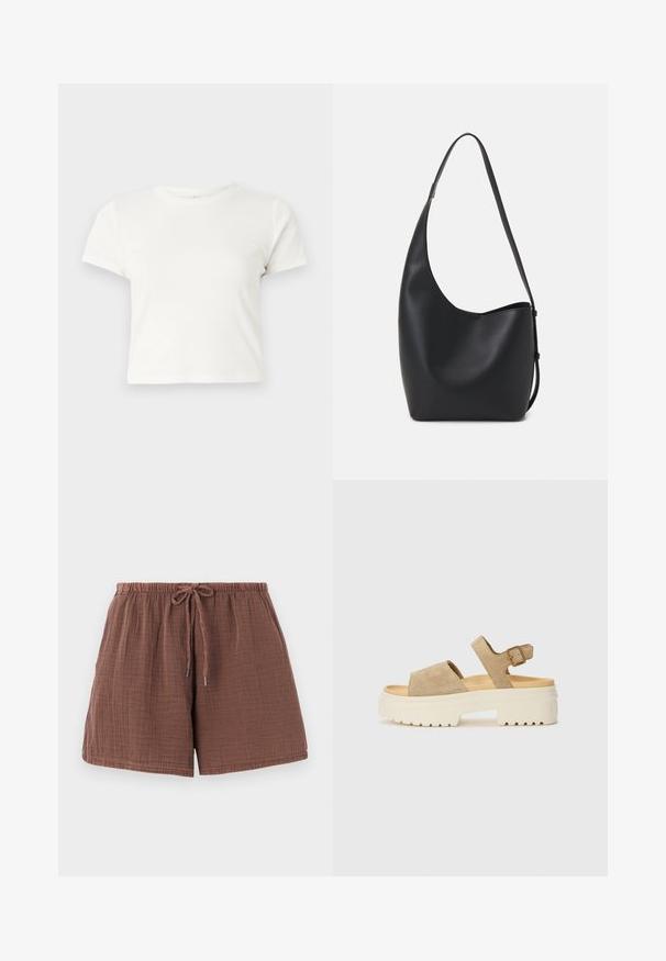 Lühike valge T-särk, mis on valmistatud puuvillast, lühikeste varrukatega, ümmarguse kaelusega ja sirge lõikega, omades sileda tekstuuri ja minimaalset disaini.; Pruunid puuvillased lühikesed püksid, millel on tekstuuriga, kortsus viimistlus, elastne vöökoht ja nöör. Keskmise reie pikkus ja mugav lõige.; Heledad nahkkingad heledas beežis, millel on lai rihm ja reguleeritav pahkluu sanga. Köitev valge tallaga, millel on tekstuur, et tagada haardumine.; Mustast nahast hobo kott, millel on sile tekstuur, kumer kuju ja üks reguleeritav rihm; peal on lai avaus.