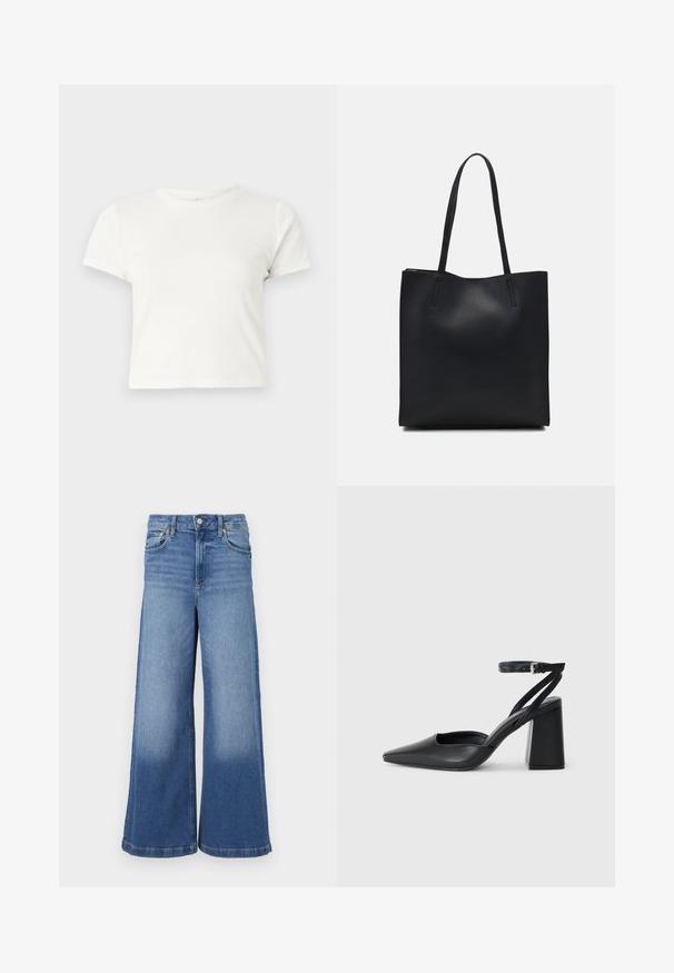 Rövid, fehér, pamut póló, rövid ujjakkal, kerek kivágással és egyenes szegéllyel, sima textúrával és letisztult dizájnnal.; Széles szárú farmernadrág világoskék denim anyagból. Magas derékkal, öt zsebbel rendelkezik, és finom halványodás található az alján. Klasszikus varrási részletek.; Fekete bőr, hegyes orrú magassarkú cipő boka pánttal és vastag sarokkal. Sima textúra, elegáns dizájn és minimális esztétika.; Fekete bőrtáska sima felszínnel, téglalap alakú, két hosszú füllel. Nincs látható fémkiegészítő vagy díszítés.
