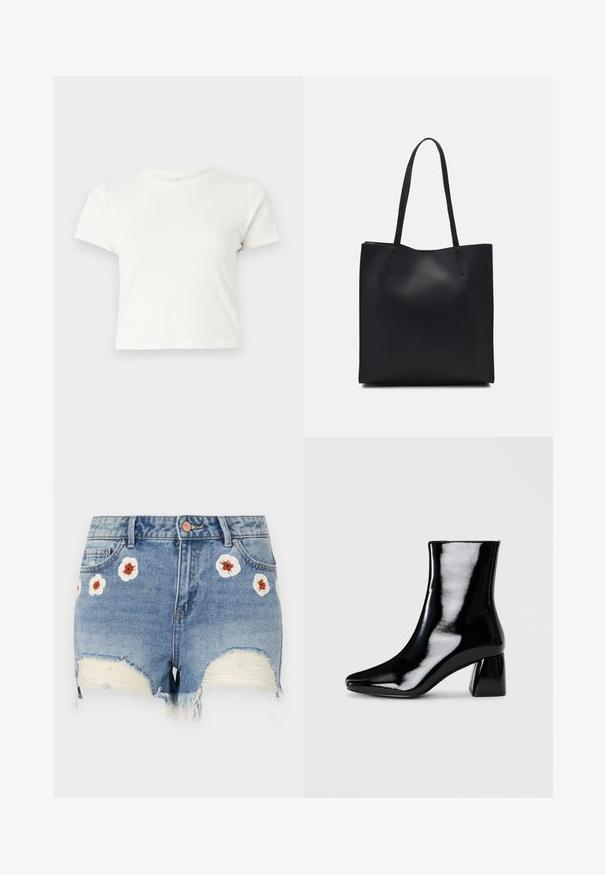 Krátke biele tričko vyrobené z bavlny s krátkymi rukávmi, okrúhlym výstrihom a rovnými okrajmi, s hladkou textúrou a minimálnym dizajnom.; Džínové šortky s roztrhnutým okrajom, svetlo modrej farby, s kvetinovou výšivkou v bielej a hnedej farbe okolo prednej časti. Dizajn s piatimi vreckami.; Čierne lakované členkové topánky s špicatou špičkou a štvorcovým blokovým podpätkom. Hladká textúra s vysokým leskom, bez viditeľných ozdôb.; Čierna kožená taška na rameno s hladkým povrchom, obdĺžnikovým tvarom a dvoma dlhými uchami. Bez viditeľného kovania alebo ozdôb.