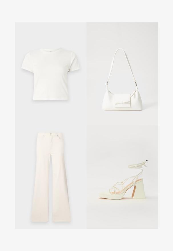 Īsa balta T-kreklā izgatavots no kokvilnas ar īsām piedurknēm, apaļu kakla izgriezumu un taisnu apakšu, piedāvā gludu tekstūru un minimālistisku dizainu.; ONLY ONLMADISON WIDE - Džinsi ar platām starām - ecru; Baltas augstpapēžu sandales ar masīvu papēdi, ar siksnu dizainu un potītes saistītiem elementiem. Gluda tekstūra ar platformu priekšpusē, lai nodrošinātu papildu augstumu.; Balta sintētiska soma ar trīsstūrveida formu, plakanu priekšējo vāciņu un loku detaļu, regulējamu siksnu, gludu tekstūru un minimālistisku dizainu.