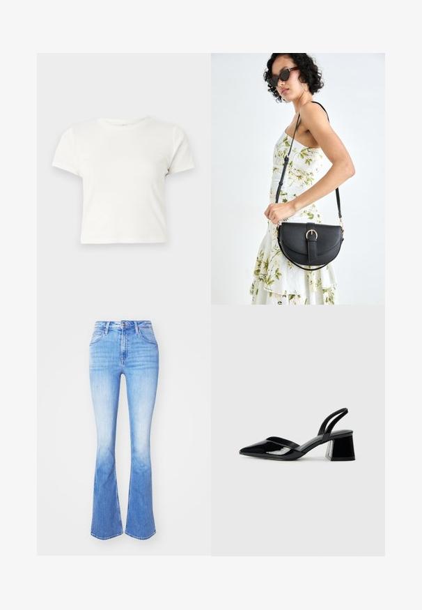 Camiseta corta blanca de algodón con mangas cortas, cuello redondo y dobladillo recto, con una textura suave y un diseño minimalista.; Jeans acampanados de color azul claro, hechos de mezclilla, con una cintura alta, diseño tradicional de cinco bolsillos y un degradado de color que va hacia el dobladillo.; Zapatos de tacón slingback de charol negro con punta afilada y tacón geométrico en bloque. Presentan un diseño elegante y minimalista, así como una textura suave.; Bolso de piel negra con forma curva, correa desmontable y herrajes dorados. El bolso cuenta con una solapa con un detalle de hebilla.