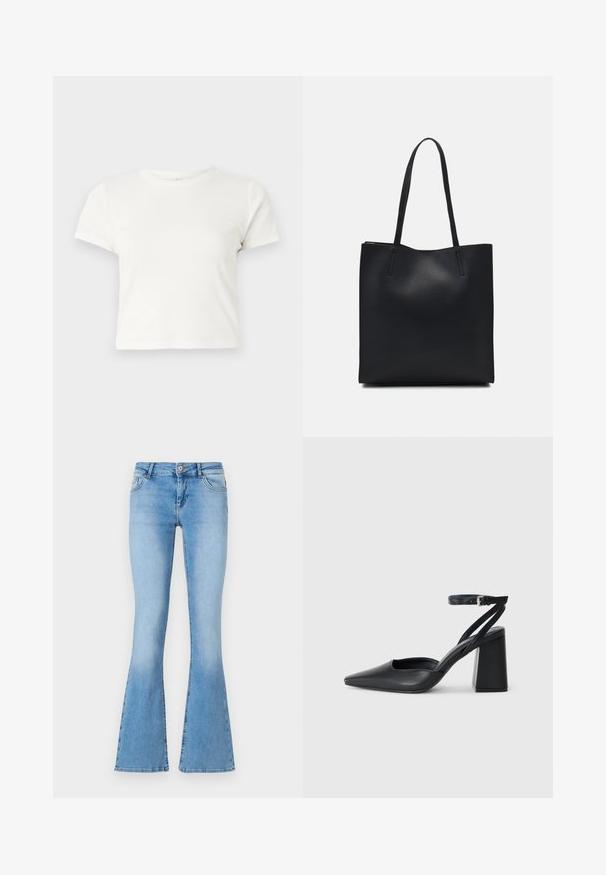 Kratka bela majica iz bombaža s kratkimi rokavi, okroglim ovratnikom in ravnim robom, ki ima gladko teksturo in minimalističen dizajn.; Svetlo modri razširjeni kavbojke iz denima z zmerno visokim pasom, ki imajo sprednje žepke in šive ob šivih ter robovih.; Črne usnjene klasične čevlje z ostrim nosom, z zaponko za gleženj in debelim peto. Ravna tekstura, eleganten dizajn in minimalistična estetika.; Črna usnjena torba s svilnato teksturo, pravokotne oblike in dvema dolgima ročajema. Brez vidnih metalnih delov ali okrasnih elementov.