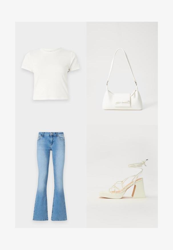 Short white t-shirt made of cotton with short sleeves, a round neckline, and a straight hem, featuring a smooth texture and minimal design.; Light blue flared jeans made of denim with a mid-rise waist, featuring front pockets and stitching details along the seams and hems.; White high-heeled sandal with a chunky heel, featuring a strappy design and ankle tie. Smooth texture with a platform front for added height.; White synthetic handbag with a triangular shape, flat front flap and bow detail, adjustable strap, smooth texture, and minimalistic design.