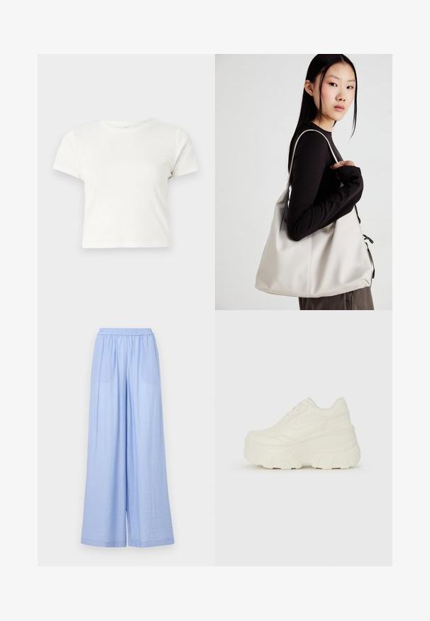 Tricou scurt, alb, din bumbac, cu mâneci scurte, decolteu rotund și margine dreaptă, având o textură netedă și un design minim.; Pantaloni largi de culoare albastră deschisă, confecționați dintr-un material texturat, având un tiv elastic și două buzunare laterale.; Adidași platformă albi, cu un superior neted asemănător cu pielea, formă rotunjită, guler căptușit și talpă din cauciuc texturată cu borduri bine definite.; Geantă bej din material moale, cu un design lejer, detalii cusute și două bretele pentru umăr. Potrivită pentru utilizarea zilnică.