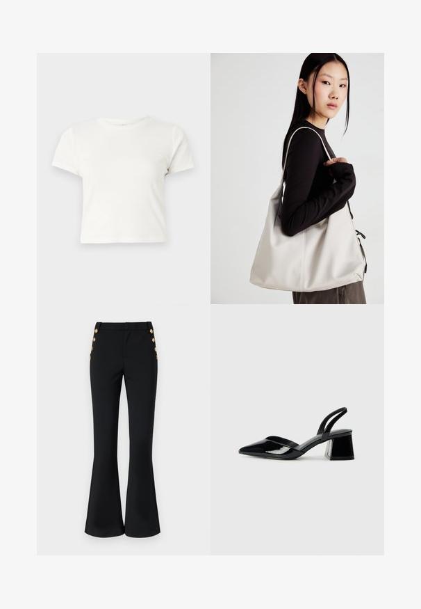 Short white t-shirt made of cotton with short sleeves, a round neckline, and a straight hem, featuring a smooth texture and minimal design.; Black flared trousers in a stretchy fabric, featuring a flat front, side pockets, and decorative gold buttons along the hip.; Black patent leather slingback heels with a pointed toe and a geometric block heel. Features a sleek, minimal design and smooth texture.; Beige handbag made of soft material, featuring a slouchy design, stitched detailing, and two shoulder straps. Suitable for everyday use.