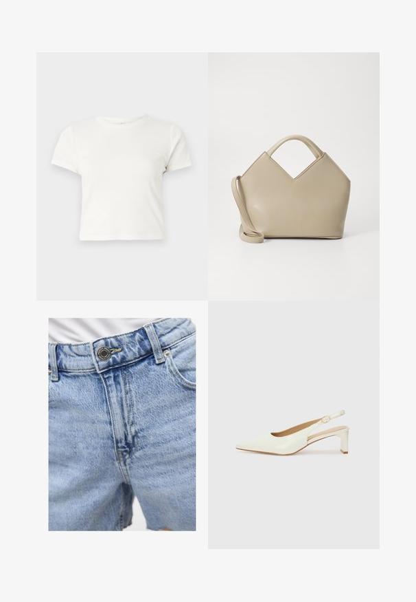 T-shirt branca curta feita de algodão, com mangas curtas, um decote redondo e uma bainha reta, apresentando uma textura suave e um design minimalista.; Bermudas de denim azul claro com cintura alta, costura visível, dois bolsos frontais e fecho de botão metálico. Textura suave.; Sapato slingback de couro branco envernizado com bico fino e um salto baixo em bloco. Apresenta uma tira subtil com um detalhe de fivela em tom dourado.; Bolsa estruturada bege com um topo em forma de V, material de couro liso, alças curtas e uma alça longa ajustável. Design minimalista.