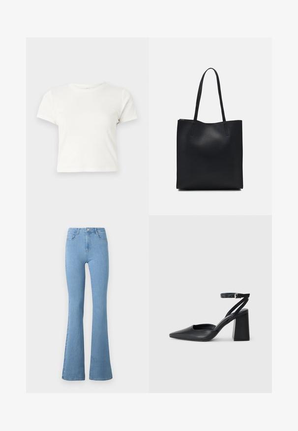 T-shirt branca curta feita de algodão, com mangas curtas, um decote redondo e uma bainha reta, apresentando uma textura suave e um design minimalista.; Jeans de ganga de tom azul claro, com corte flare, apresentando uma cintura alta, cinco bolsos, um fecho com zipper na frente e um botão metálico.; Sandal com biqueira afilada em couro preto, com cinta no tornozelo e salto grosso. Textura lisa, design elegante e estética minimalista.; Bolsa tote preta em couro com textura lisa, forma retangular e duas alças longas. Sem hardware ou enfeites visíveis.