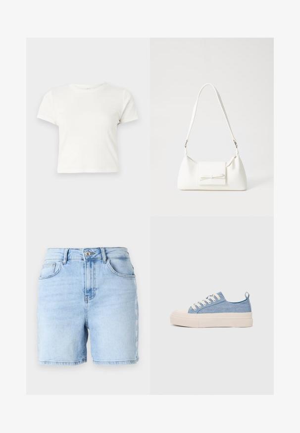 Camiseta corta blanca de algodón con mangas cortas, cuello redondo y dobladillo recto, con una textura suave y un diseño minimalista.; Pantalones cortos de mezclilla azul claro con cintura alta, dobladillo sin acabados, cinco bolsillos y un patrón de costura decorativa en los laterales. Fabricados en tela de algodón.; Zapatillas de lona azul claro con una puntera y suela de goma crema, que cuentan con cordones blancos y una lengüeta en el talón.; Bolso sintético blanco con forma triangular, tapa frontal plana y detalle de lazo, correa ajustable, textura suave y diseño minimalista.