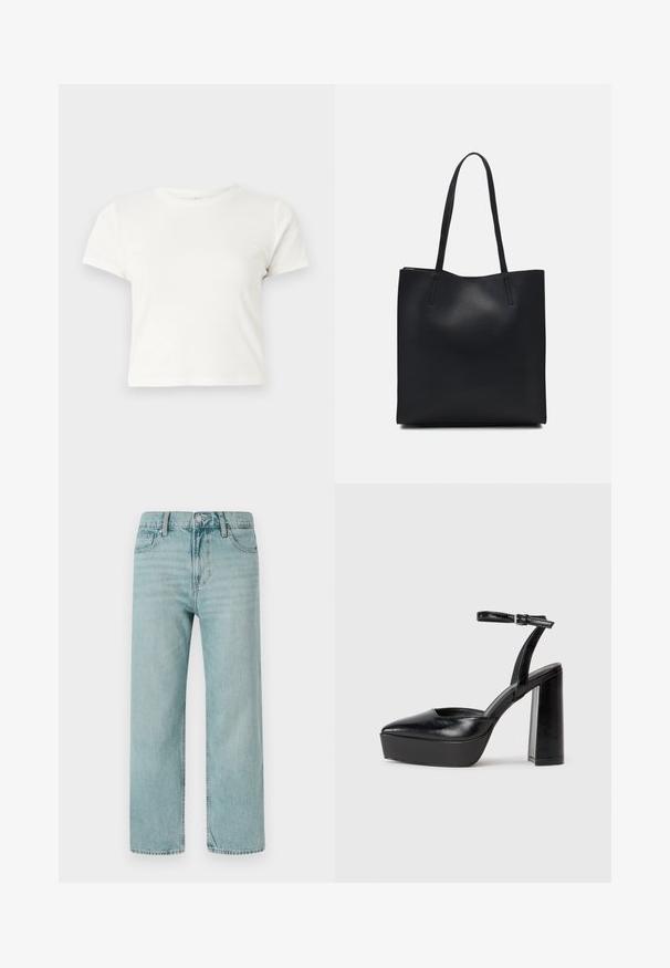 Lühike valge T-särk, mis on valmistatud puuvillast, lühikeste varrukatega, ümmarguse kaelusega ja sirge lõikega, omades sileda tekstuuri ja minimaalset disaini.; Heledad sinine lai leg jeans, mis on valmistatud denimist, klassikalise viie tasku disainiga, puhaste joontega ning regulaarse vöökohtadega, millel on nupuvajutus.; Mustad platvormi kontsad terava ninaga ja reguleeritava pahkluuraamiga. Valmistatud siledast nahast, funktsioneerib massiivse plokknäheeliga.; Mustast nahast kott sujuva tekstuuriga, ristkülikukujuline ja kahe pika sangaga. Pole nähtavat riistvara ega kaunistusi.