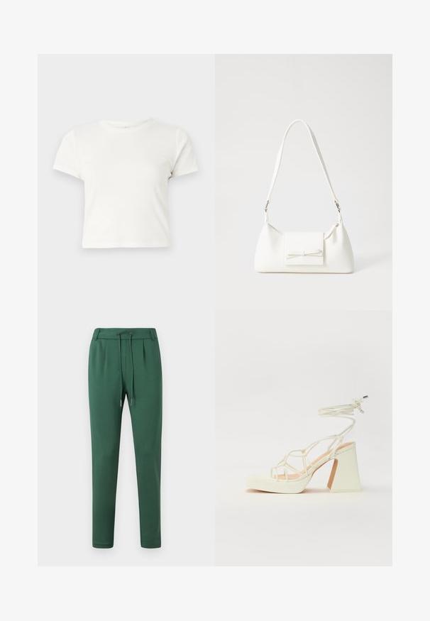 Short white t-shirt made of cotton with short sleeves, a round neckline, and a straight hem, featuring a smooth texture and minimal design.; Green sweatpants made of soft fabric, featuring an elastic waistband with a drawstring, tapered legs, and side pleat details.; White high-heeled sandal with a chunky heel, featuring a strappy design and ankle tie. Smooth texture with a platform front for added height.; White synthetic handbag with a triangular shape, flat front flap and bow detail, adjustable strap, smooth texture, and minimalistic design.