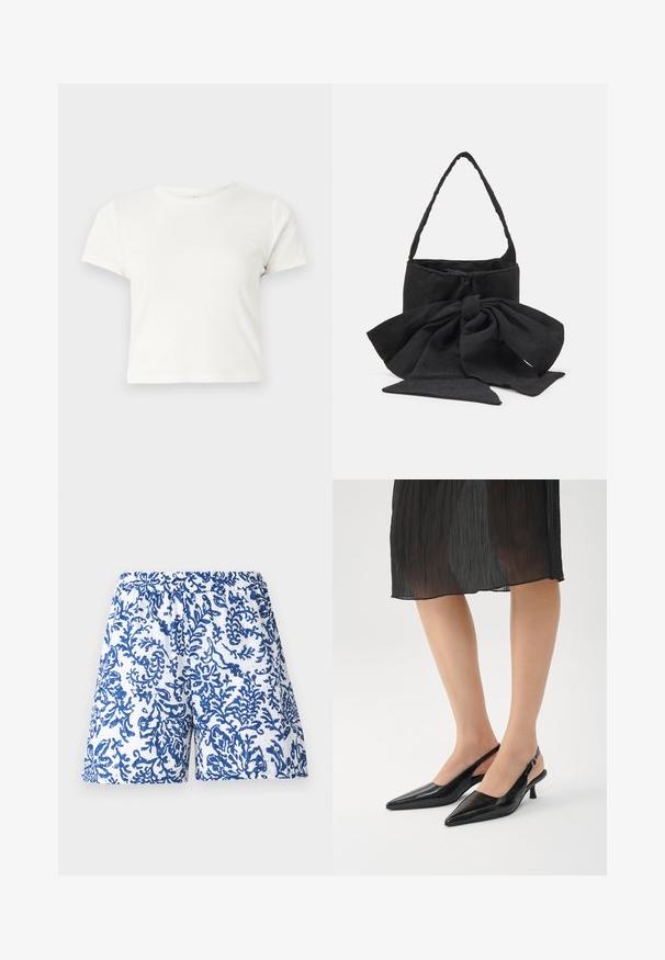 Short white t-shirt made of cotton with short sleeves, a round neckline, and a straight hem, featuring a smooth texture and minimal design.; Printed shorts in white fabric featuring a blue coral design. Elastic waistband, loose fit, and smooth texture.; Black pointed-toe slingback heels with a glossy finish, slender heel, and open back design. Textured pattern on the upper material.; Black fabric handbag featuring a tied bow accent, rounded shape, textured surface with small patterns, and a single, thin handle.