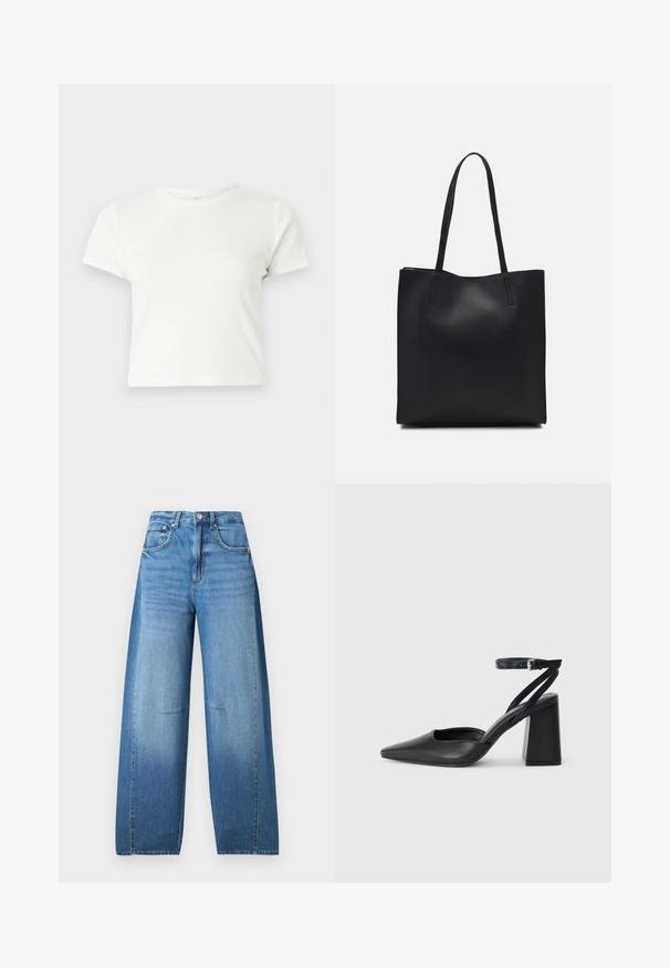 T-shirt branca curta feita de algodão, com mangas curtas, um decote redondo e uma bainha reta, apresentando uma textura suave e um design minimalista.; Jeans de cintura alta e pernas largas em denim azul claro com efeito desbotado, apresentando um fecho de botão, cinco bolsos e detalhes de costura.; Sandal com biqueira afilada em couro preto, com cinta no tornozelo e salto grosso. Textura lisa, design elegante e estética minimalista.; Bolsa tote preta em couro com textura lisa, forma retangular e duas alças longas. Sem hardware ou enfeites visíveis.