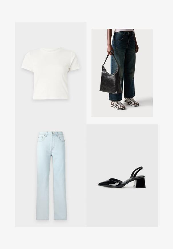 Krátke biele tričko vyrobené z bavlny s krátkymi rukávmi, okrúhlym výstrihom a rovnými okrajmi, s hladkou textúrou a minimálnym dizajnom.; Svetlomodré denimové rifle so strižným nohavým dizajnom, obsahujúce päť vreciek, pútka na opasok a gombíkový uzáver v páse.; Čierne lakované kožené sandálové podpätky s špicatou špičkou a geometrickým blokovým podpätkom. Disponujú elegantným, minimalistickým dizajnom a hladkým povrchom.; Čierna kožená taška cez rameno s hladkou textúrou a nastaviteľným popruhom, skombinovaná s vyblednutými širokými džínsy a športovými teniskami.