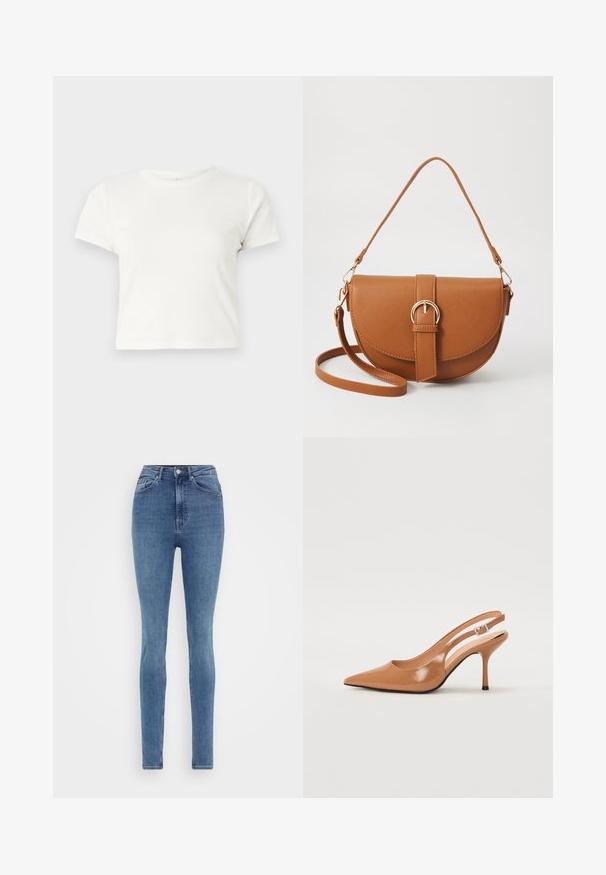 Īsa balta T-kreklā izgatavots no kokvilnas ar īsām piedurknēm, apaļu kakla izgriezumu un taisnu apakšu, piedāvā gludu tekstūru un minimālistisku dizainu.; Šauri džinsi vidēji tumši zilā denimā ar augsto jostasvietu, piecu kabatu dizainu un gludu tekstūru. Klasiska šuvju apdare ar pogu aizdari.; Izteikts pirksta siksnas zābaks, izgatavots no gludas, spīdīgas brūnas materiāla. Piedāvā izliekta izgriezuma dizainu un smalku stiletto papēdi. Sudraba sprādze.; Brūns ādas plecu soma ar izliekta formu, zelta piederumiem un sprādzes akcentu. Iesaiņota ar noņemamu plecu siksnu.