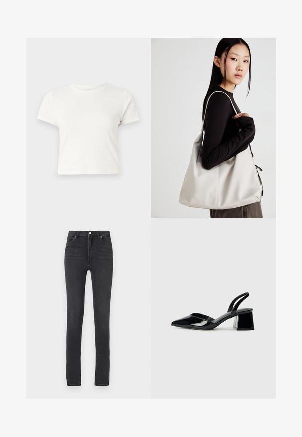 Rövid, fehér, pamut póló, rövid ujjakkal, kerek kivágással és egyenes szegéllyel, sima textúrával és letisztult dizájnnal.; Fekete, skinny fazonú farmernadrág magas derékkal, rugalmas denim anyagból készült, övhurkokkal, minimális varrással és klasszikus öt zsebes dizájnnal.; Fekete lakk bőr szandálkés magas sarkú cipő, hegyes orral és geometrikus tömbsarkakkal. Karcsú, minimalista dizájn és sima textúra jellemzi.; Puha anyagból készült bézs kézitáska, laza dizájnnal, varrott részletekkel és két vállpánttal. Mindennapi használatra alkalmas.