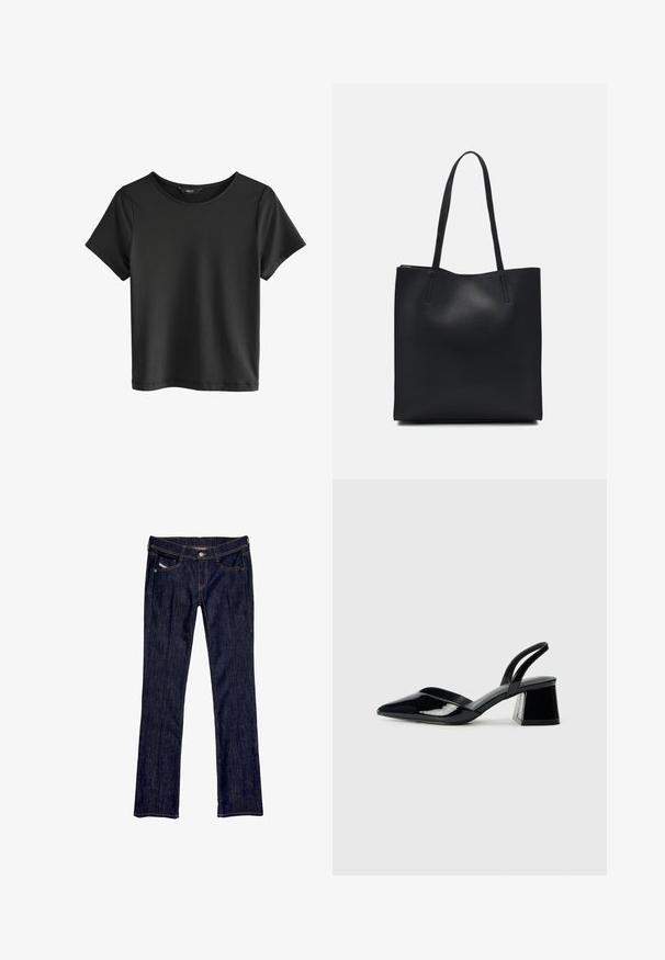 Mustat lyhythihaiset t-paidat pyöreällä kaula-aukolla. Valmistettu pehmeästä kankaasta, jossa on sileä pinta ja yksinkertainen, minimalistinen muotoilu.; Tummansiniset farkut suoranlahkeisella muotoilulla, joissa on etupainike, viisi taskua ja näkyvät tikkaukset saumoissa.; Mustat patentoitu nahkakengät, joissa on säären takaosa ja terävä kärki, sekä geometrinen palikkakorko. Sisältää tyylikkään, minimalistisen muotoilun ja sileän pinnan.; Mustapahkainen kangaskassi, jossa on sileä pinta, suorakaiteen muotoinen ja kaksi pitkää kahvaa. Ei näkyvää metalliosaa tai koristeita.