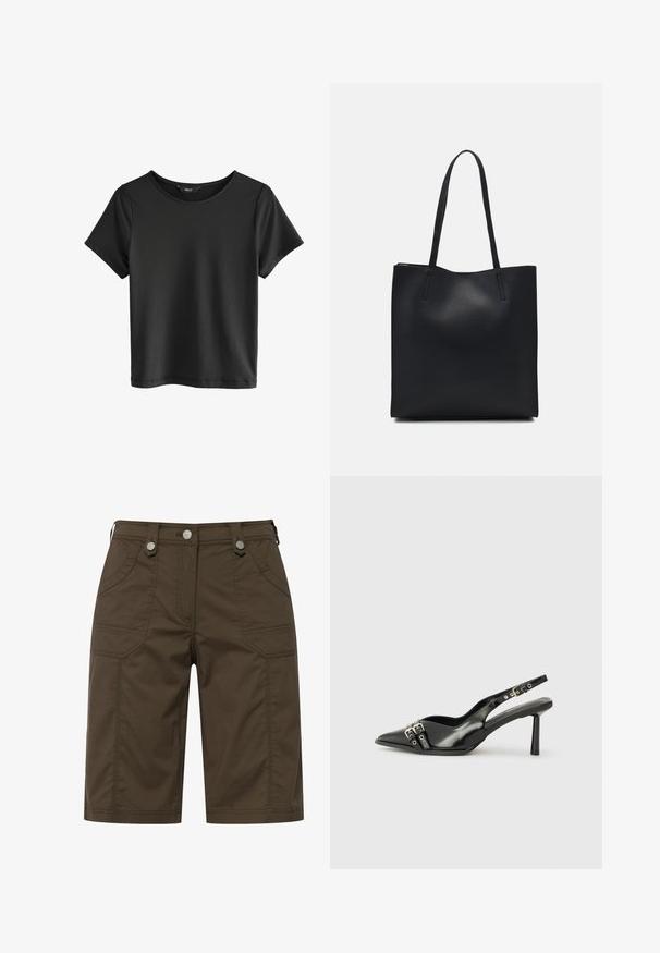 Camiseta negra de manga corta con cuello redondo. Hecha de una tela suave, presenta una textura lisa y un diseño simple y minimalista.; Pantalones cortos de tela marrón con dos bolsillos delanteros y dos traseros, acentuados con herrajes plateados en la cintura. Diseño de corte recto.; Zapato de charol negro tipo slingback con punta afilada, correas al tobillo con hebillas y herrajes de plata, y un tacón delgado.; Bolso tote de cuero negro con textura lisa, forma rectangular y dos asas largas. Sin herrajes ni adornos visibles.