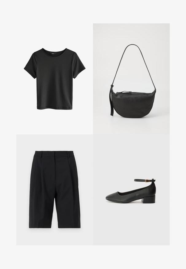 Melnas īsām piedurknēm T-krekls ar apaļu kakla izgriezumu. Izgatavots no mīkstas auduma, ar gludu tekstūru un vienkāršu, minimālistisku dizainu.; Selected Femme SLFABBI BERMUDA - Šorti - black; Melnas ādas sūkņi ar smailu purngalu un zemu bloku papēdi. Iezīmēts ar potītes siksniņu ar zelta krāsas sprādzi. Gluda tekstūra.; Melnas ādas pleca soma ar izliekta formu, vienu siksnu, rāvējslēdzēja aizdari un smalku šuvju izšuvumu pa visu virsmu.