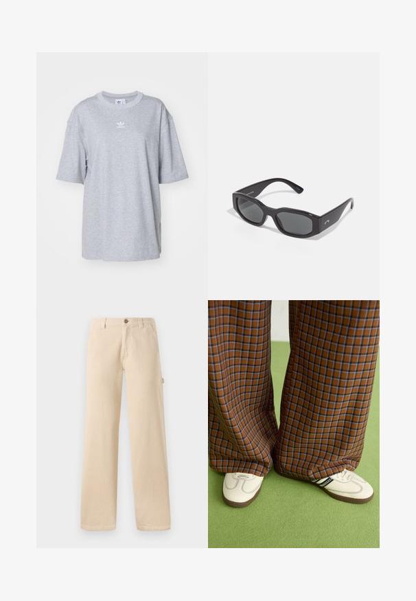 Hallhallane puuvillane T-särk lühikeste varrukatega, ülisuur sobivus, soonikuga ümberkaelus ning valge Adidas logo trükituna rinnal.; Beige corduroy püksid, millel on lai jalgade lõige, vertikaalne ribakoe, eesmine taskud ja külg nupud detail.; Pruunide ja siniste ruuduliste laiad püksid, mille juurde on kombineeritud valged kingad mustade aktsentidega ja tekstuursete taldadega, roheline taust.; Must musta saarnaste prillide mustad raamid tumedate läätsedega. Paks plastikraam sileda viimistlusega, millel on külgedel peen bränding.