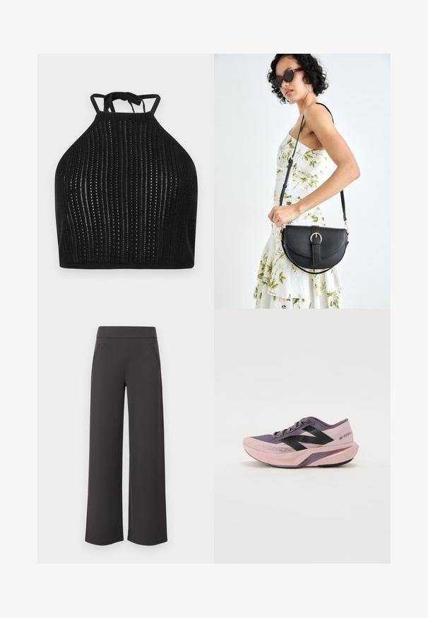 Top sin mangas negro de tela texturizada que presenta patrones de rayas verticales y detalles recortados, con lazos ajustables en el cuello.; Pantalones de pierna ancha en tela gris oscuro, con una textura suave, cinturilla elástica y dos bolsillos frontales. Diseño de frente plano.; Zapatilla de running ligera con un diseño de degradado en rosa y morado. Cuenta con una parte superior de malla transpirable, acentos en negro y suela acolchada.; Bolso de piel negra con forma curva, correa desmontable y herrajes dorados. El bolso cuenta con una solapa con un detalle de hebilla.