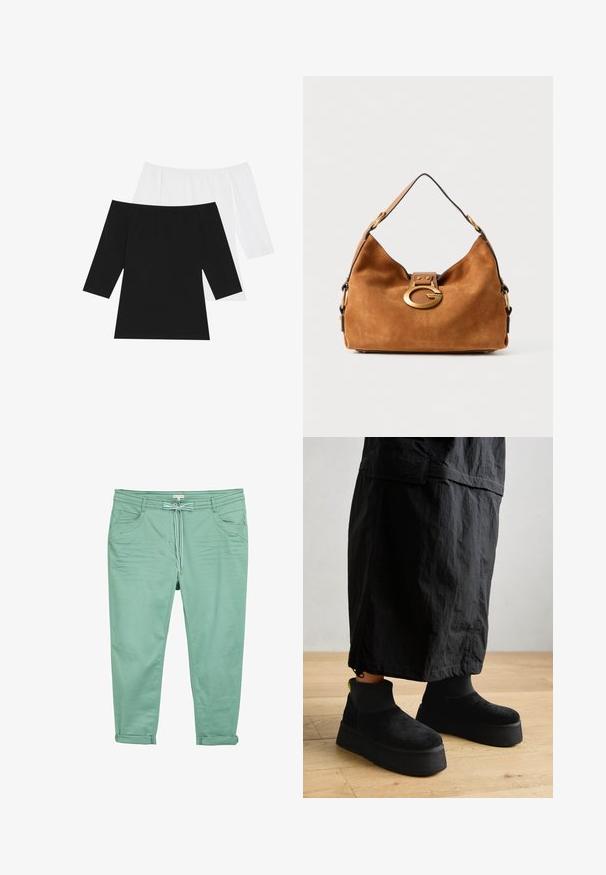 Kaksi olkaimetonta toppia: yksi musta ja yksi valkoinen, joissa on kolmanneksen pituiset hihat, valmistettu pehmeästä puuvillasta, jossa on sileä pinta.; Vaaleanvihreät housut, jotka on valmistettu pehmeästä kankaasta ja joissa on kiristettävä vyötärö, kaksi etutaskua ja käännetyt lahkeet rentoa istuvuutta varten.; Mustat saapasjalkineet pehmeästä mokasta, joissa on sileä pinta ja paksu pohja. Ominaisuuksiin kuuluu uritettu pinta ja neonkorostus kantapäässä.; Ruskea mokkakangas käsilaukku, jossa on pyöristetty muoto, kultatoiminen lukitus ja kontrastina musta reuna. Varustettu yhdellä olkahihnalla kantamista varten.