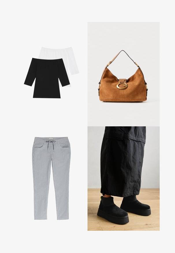 Du ir nuogu pečių marškiniai: vieni juodi, kiti balti, su trimis ketvirčiais rankovėmis, pagaminti iš minkštos medvilnės su glotnia tekstūra.; Lengvi, dryžuoti mėlyni ir balti kelnių modeliai su raišteliu juosmenyje, dviem priekinėmis kišenėmis ir siaurėjančia kojos forma.; Juodos platformos aulinukai iki kulkšnies, pagaminti iš minkštos zomšos, su lygiu paviršiumi ir storu padu. Savo savybėmis turi grioveliais tekstūrą ir neoninį akcentą kulne.; Ruda zomšinė rankinė su apvalia forma, auksinės spalvos aksesuarų užsegimas ir kontrastinga juoda apdaila. Yra viena petneša nešimui.