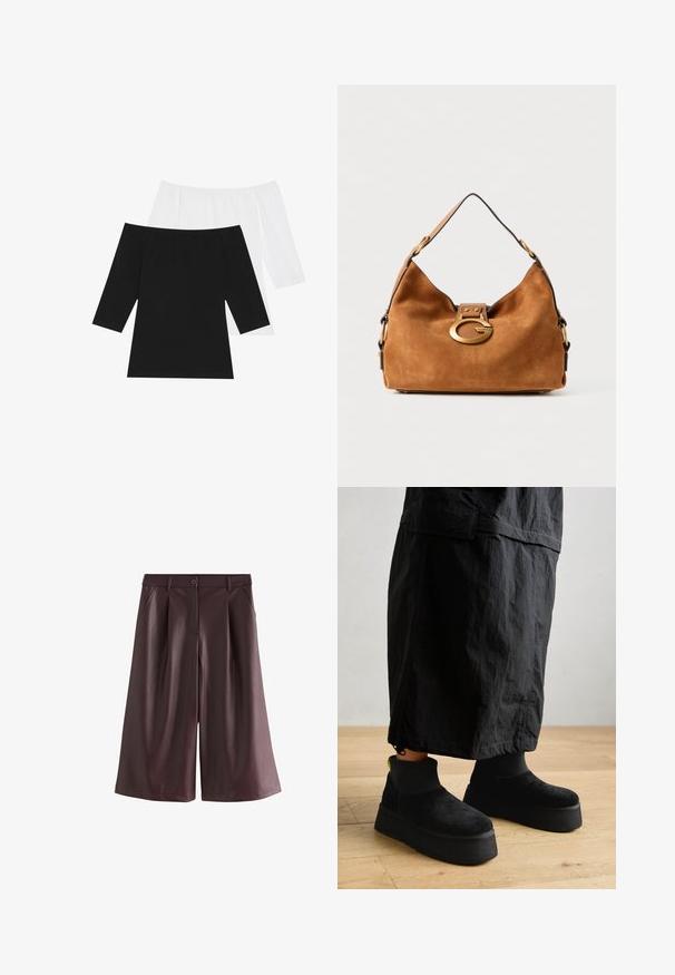 Two off-the-shoulder tops: one in black and one in white, featuring three-quarter sleeves, made of soft cotton with a smooth texture.; Brown wide-leg faux leather shorts with front pockets, belt loops, and a button closure.; Black platform ankle boots made of soft suede with a smooth finish and a thick sole. Features a ribbed texture and a neon accent at the heel.; Brown suede handbag with a rounded shape, a gold-tone hardware clasp, and a contrasting black trim. Features a single shoulder strap for carrying.