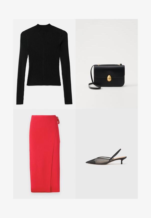 Juoda kirkšninių ilgomis rankovėmis palaidinė su aukštu kaklu ir prigludusia siluetu, su vertikaliu tekstūru ir siūlių detalėmis ant pečių.; Raudona raibota mezgimo midi sijonas su šoniniu įpjovimu, su raišteliu juosmens srityje. Lygus tekstūra su prigludusia siluetu.; NEOUS IRENA - Klasikiniai aukštakulniai - black; Juodas odinis rankinukas su struktūrine stačiakampio forma. Yra auksinė ovali sagtis ir plona petneša. Glotni tekstūra.