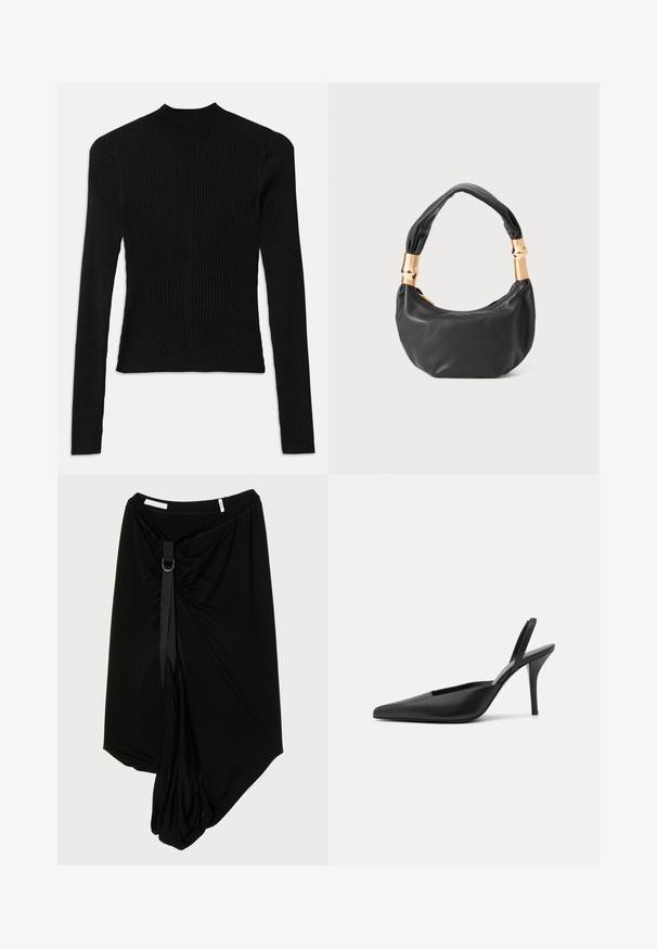 Juoda kirkšninių ilgomis rankovėmis palaidinė su aukštu kaklu ir prigludusia siluetu, su vertikaliu tekstūru ir siūlių detalėmis ant pečių.; Juoda asimetriška sijonas, pagamintas iš minkštos medžiagos, su surinkta priekiu, dekoratyvine juostele ir metaliniu žiedu.; Juodos kulninės bateliai su atviru kulnu, smailiu nosiu, pagaminti iš lygaus odos medžiagos ir turintys elegantišką, minimalistinį dizainą. Aukštas stiletto kulnas.; Juodas odinis rankinukas apvalios formos, minkštos tekstūros su susietu rankena ir auksinės spalvos detalėmis. Užtrauktuko uždarymas.