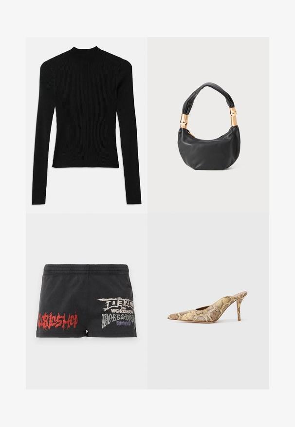 Svart ribbad långärmad topp med hög krage och åtsittande siluett, som har vertikal textur och sömdetaljer vid axlarna.; Svarta shorts i bomull med avspänt snitt. Utrustad med tryckt text i röd och silver, samt en grafisk design på framsidan.; Pekade tå slingback klackar i ett texturerat ormskinsmönster med beige och bruna toner; har en stilettklack och utskurna sidor.; Svart läderhandväska med rund form, mjuk textur och ett knuthandtag med detaljer i guldfärg. Dragkedjestängning.