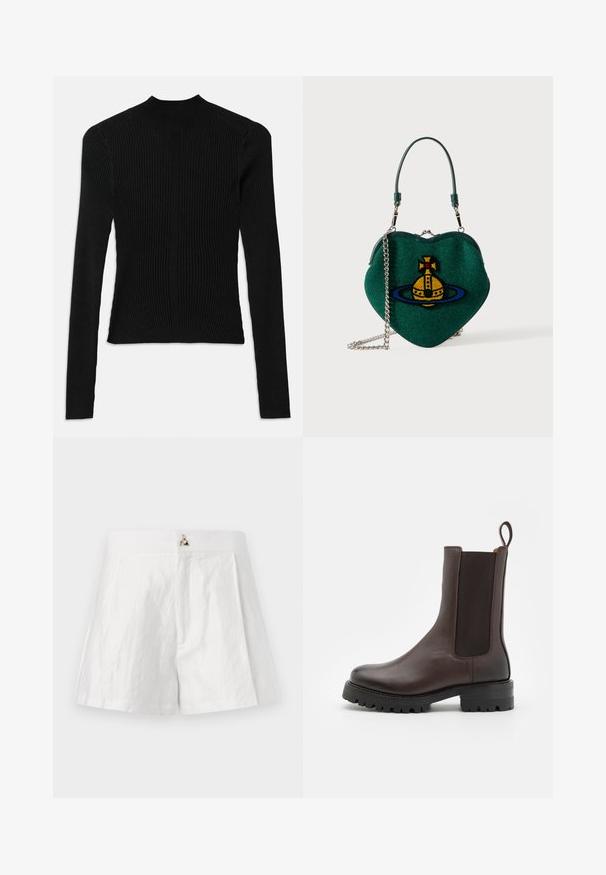 Must mustriline niiskus, millel on kõrge kaelus ja tihe siluett, vertikaalse tekstuuri ja õmblusdetailidega õlgadel.; Valged linased shorts, millel on lame vöökoht, pleeditud esikujundus ja metalliklogo aktsent keskel.; Pruun nahast pahkluu saapad, millel on elastsed külgpaneelid, tõmbeaas ja jäme tallaga, millel on mustrimuster. Sile viimistlus ja tugev disain.; Roheline südamekujuline käekott kollase ja sinise planeedi embleemiga, lühikese sangaga ja hõbedase ketiga rihmaga valgel taustal.