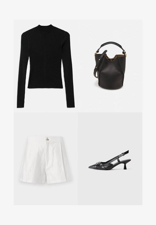 Black ribbed long-sleeve top with a high neck and fitted silhouette, featuring vertical texture and seam detailing at the shoulders.; White linen shorts featuring a flat waistband, pleated front design, and a metallic logo accent at the center front.; Black leather slingback shoe with a pointed toe, decorative straps featuring metal eyelets, and a low block heel. Textured surface.; Black leather bucket bag with a textured finish, gold hardware accents, and an open top. Features a short handle and adjustable shoulder strap.
