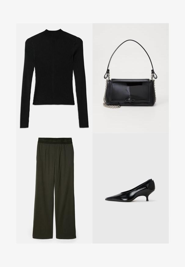 Black ribbed long-sleeve top with a high neck and fitted silhouette, featuring vertical texture and seam detailing at the shoulders.; Dark green wide-leg trousers with a smooth texture, elastic waistband, and no visible patterns or accents.; Black leather pump with a pointed toe, low heel, sleek design, and smooth texture. Features a slip-on style with no visible hardware.; Black patent leather handbag with a rectangular shape, chain strap, and a distinctive hardware accent in the center. Smooth texture.