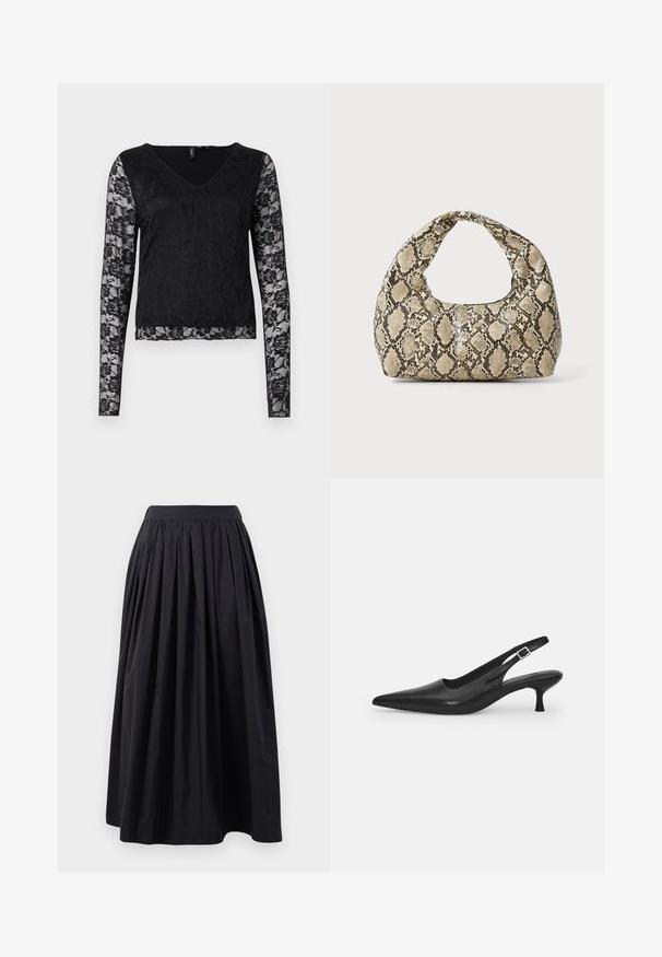 Haut à manches longues noir avec un décolleté en V, corps noir uni et manches en dentelle transparente avec des motifs floraux. Texture lisse dans l'ensemble.; Jupe noire, longueur genou, en tissu léger avec une large taille froncée et un design plissé, offrant une silhouette ample.; Chaussure slingback en cuir noir avec un bout pointu et un talon fin et incurvé. Dispose d'une sangle ajustable discrète avec une boucle en métal.; Sac à main en motif serpent avec une poignée incurvée. Fabriqué à partir de matériaux texturés beiges et bruns, présentant un motif en diamant distinctif.