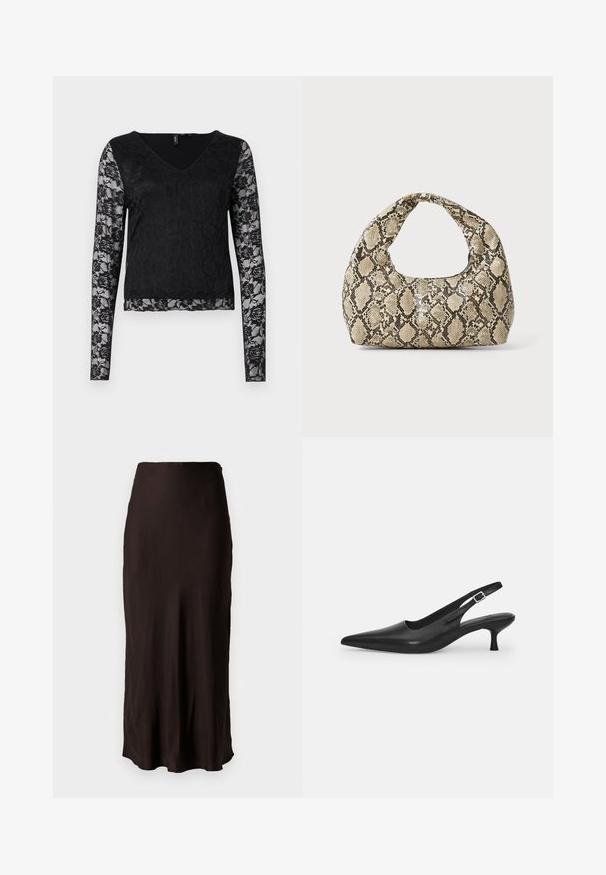 Must mustärgne top, millel on v-kaelus, ühtlane must kehosaade ja läbipaistvad pitsvarrukad lillemusteriga. Üksikasjalikult sujuv tekstuur.; Mustmust pikkusega seelik, mis on valmistatud siledast, kergest kangast, sirge lõike ja külgmise lõhiku ning lihtsa vöökoha detailiga.; Mustmustast musta nahast slingback king, millel on terav varvas ja kitsas, kumer konts. Omab diskreetset reguleeritavat rihma metallist pandlaga.; Musta käärmeprindiga kott kõveraga käepidemega. Valmistatud tekstiilsetest, beežidest ja pruunidest materjalidest, millel on iseloomulik rombikujuline muster.