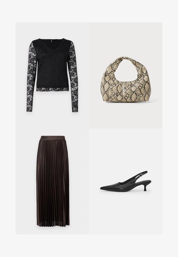 Černý top s dlouhým rukávem, který má výstřih do V, jednobarevné černé tělo a průhledné krajkové rukávy s květinovými vzory. Celkově hladká textura.; Plisovaná midi sukně z tmavě hnědé látky, s hladkým pasem, dlouhým střihem a vertikálními plisemi pro zvýšení textury.; Černá kožená nazouvací bota se špičatou špičkou a štíhlým zakřiveným podpatkem. Obsahuje diskrétní nastavitelný pásek s kovovou sponou.; Kabelka s hadím vzorem a zakřiveným držadlem. Vyrobena z texturovaných béžových a hnědých materiálů, s charakteristickým diamantovým vzorem.