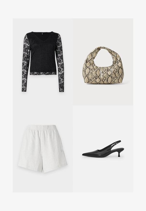 Černý top s dlouhým rukávem, který má výstřih do V, jednobarevné černé tělo a průhledné krajkové rukávy s květinovými vzory. Celkově hladká textura.; Šedé bavlněné šortky s elastickým pasem, bočními švy a bez viditelných kapes. Měkká textura s jednoduchým designem a bez vzorů.; Černá kožená nazouvací bota se špičatou špičkou a štíhlým zakřiveným podpatkem. Obsahuje diskrétní nastavitelný pásek s kovovou sponou.; Kabelka s hadím vzorem a zakřiveným držadlem. Vyrobena z texturovaných béžových a hnědých materiálů, s charakteristickým diamantovým vzorem.