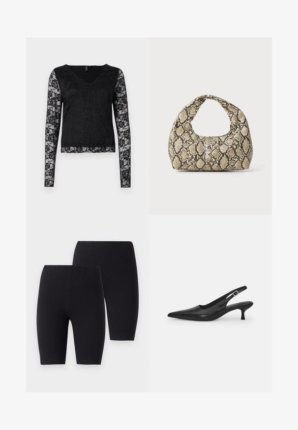 Čierna blúzka s dlhým rukávom s výstrihom do V, celkom čierna, a priesvitnými čipkovými rukávmi s kvetinovými vzormi. Celková hladká textúra.; Čierne bavlnené cyklistické nohavice s elastickým pásom, s hladkým povrchom a dizajnom do dĺžky kolien. Dva kusy sú zobrazené vedľa seba.; Čierne kožené sandále s úzkym špičatým prstom a štíhlym zakriveným podpätkom. Majú diskrétny nastaviteľný popruh s kovovou sponou.; Kabelka s hadím vzorom a zakriveným rukoväťou. Vyrobená z textúrovaných béžových a hnedých materiálov, s charakteristickým diamantovým vzorom.