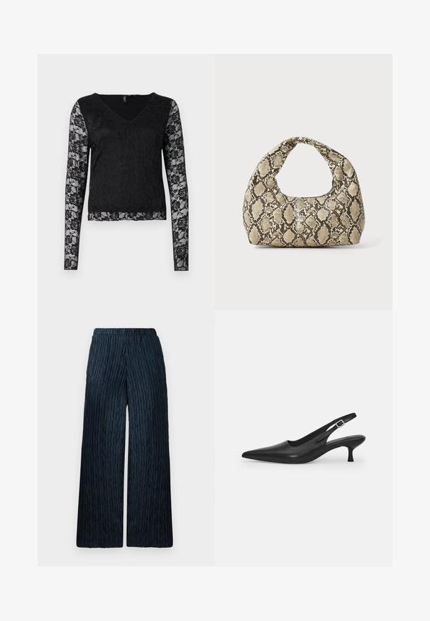 Černý top s dlouhým rukávem, který má výstřih do V, jednobarevné černé tělo a průhledné krajkové rukávy s květinovými vzory. Celkově hladká textura.; Široké kalhoty v tmavě modré barvě s texturovanou, zmačkanou tkaninou. Obsahují elastický pas pro pohodlí a hladký povrch.; Černá kožená nazouvací bota se špičatou špičkou a štíhlým zakřiveným podpatkem. Obsahuje diskrétní nastavitelný pásek s kovovou sponou.; Kabelka s hadím vzorem a zakřiveným držadlem. Vyrobena z texturovaných béžových a hnědých materiálů, s charakteristickým diamantovým vzorem.