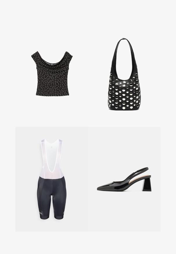 Černý top s krátkým rukávem a volným výstřihem, zdobený bílými puntíky. Vyroben z hladké látky s přiléhavým střihem.; Černé cyklistické šortky s nohavicemi a nízkým bílým síťovým vrškem, které mají prodyšnou strukturu a detail loga na lemu.; Černé lakované lodičky na podpatku se špičatou špičkou, které mají jedinečný geometrický blokový podpatek a hladkou strukturu. Nastavitelný pásek pro podporu.; Černá kožená kabelka ve stylu kbelíku s širokým popruhem a velkými stříbrnými kulatými hroty, které zdobí povrch.